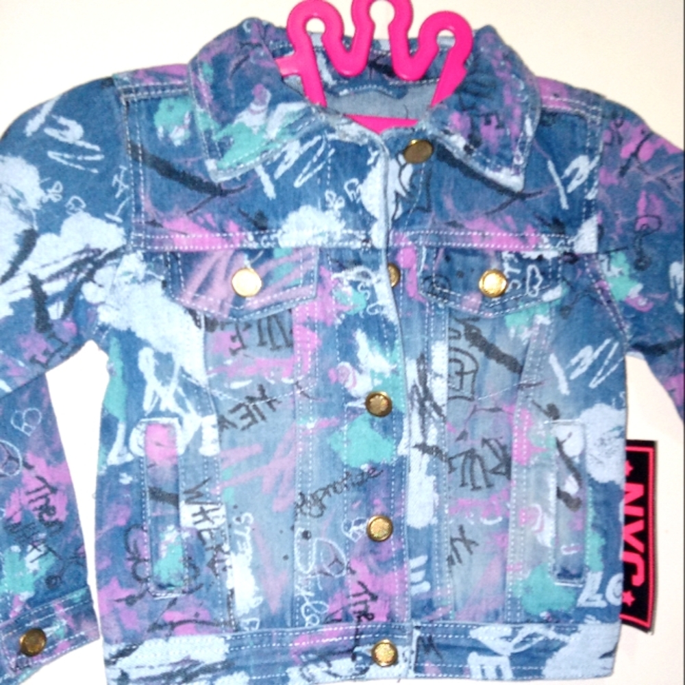 Kids Denim Jacket with Multicolor Graffiti Print Size 5/6